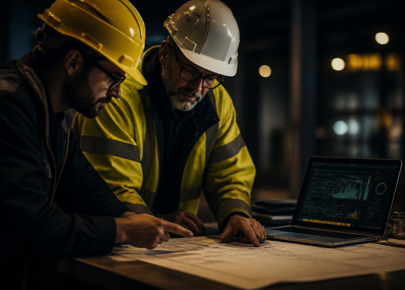 Two site professionals reviewing construction drawings alongside a reporting dashboard