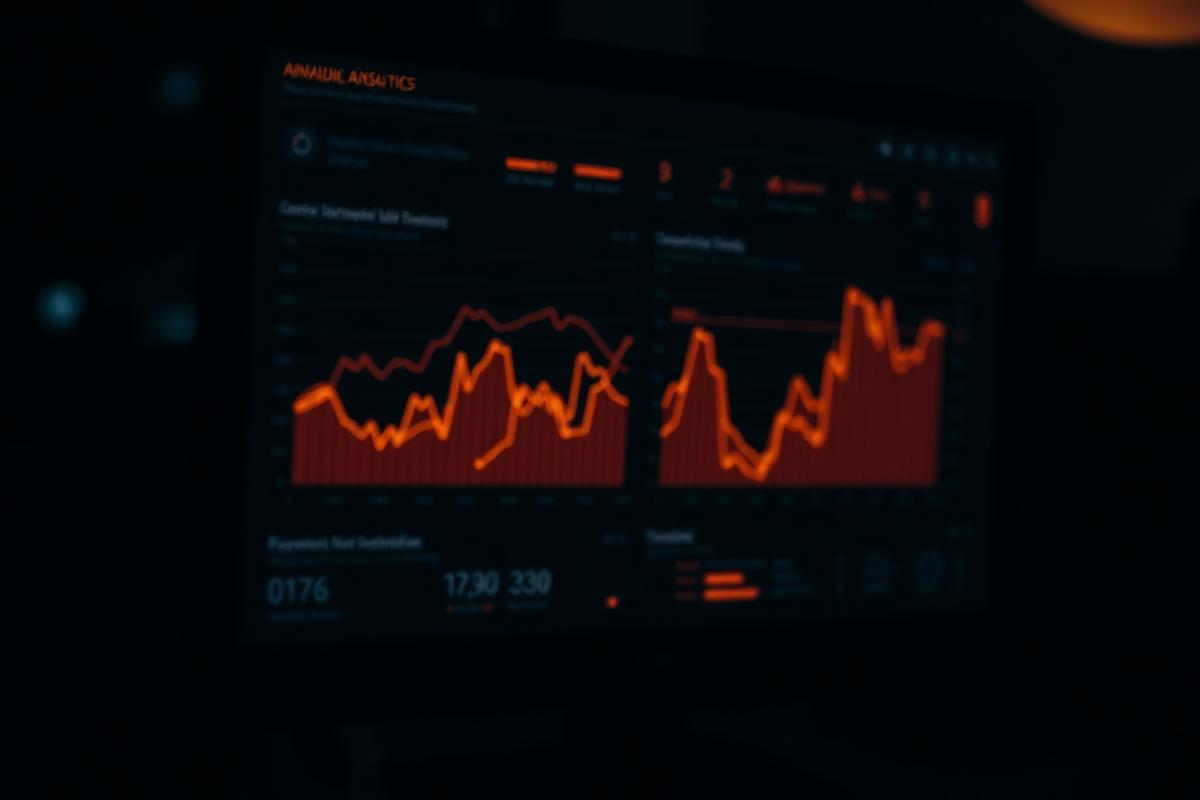 Business reporting dashboard glowing on a screen in a dark office